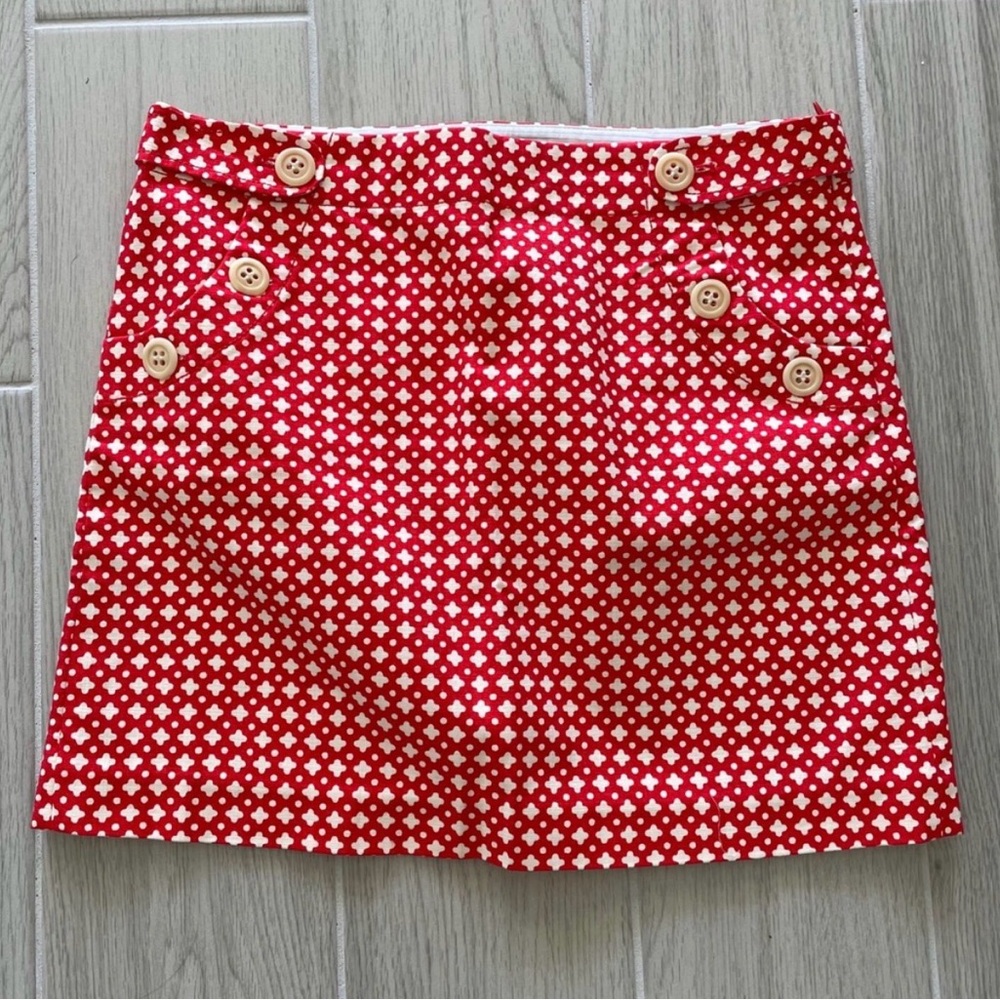 J. Crew Red Mini Skirt with White Geometric Print and Button Details